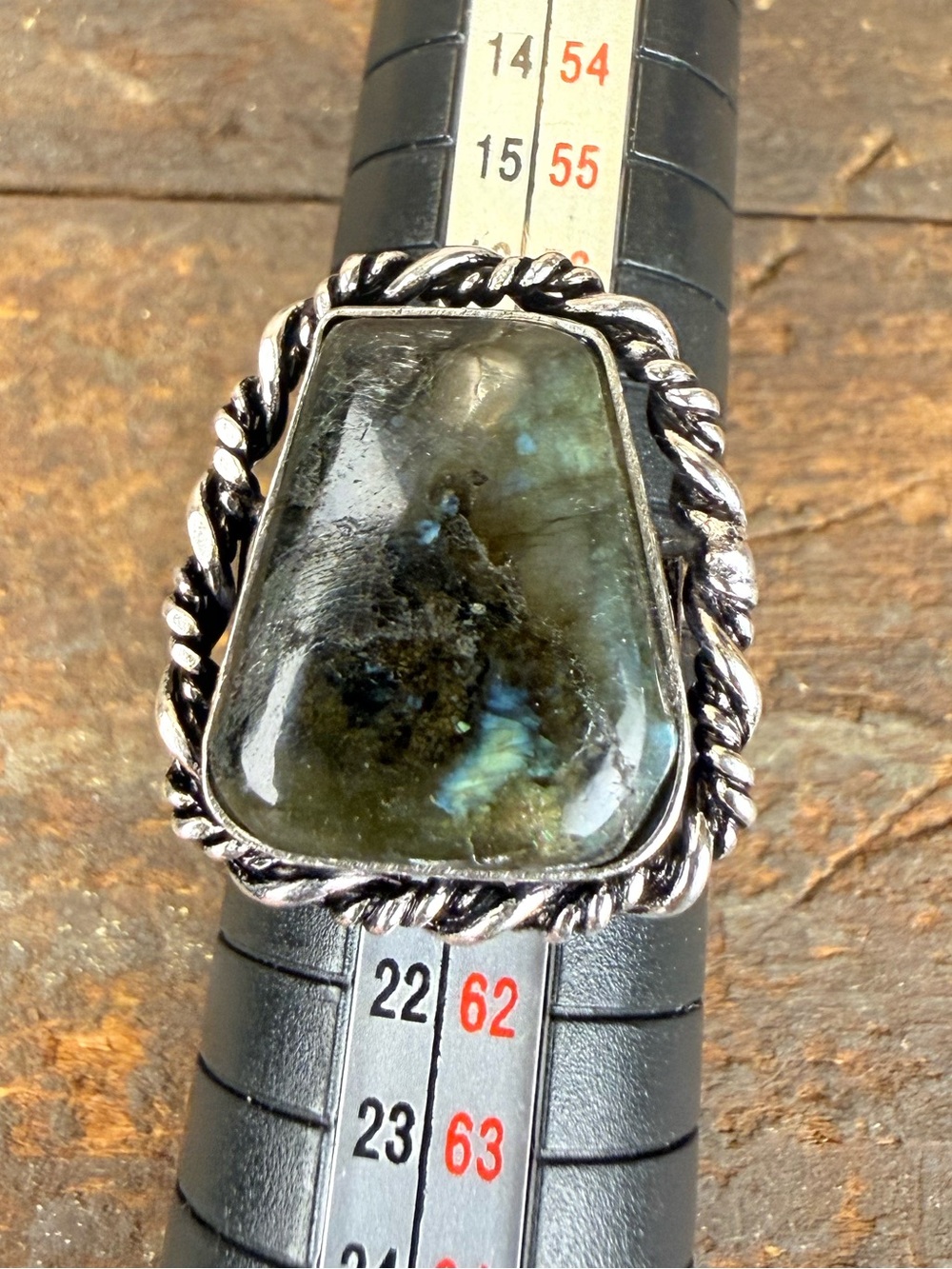 Labradorite Statement Ring in Green-Blue with Twisted Silver Band